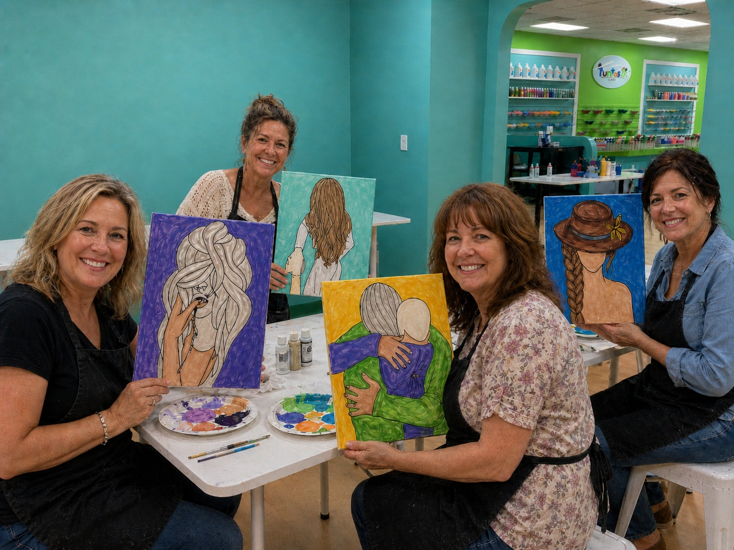 Friends showing the canvas paintings they made together at Funtastik Labs