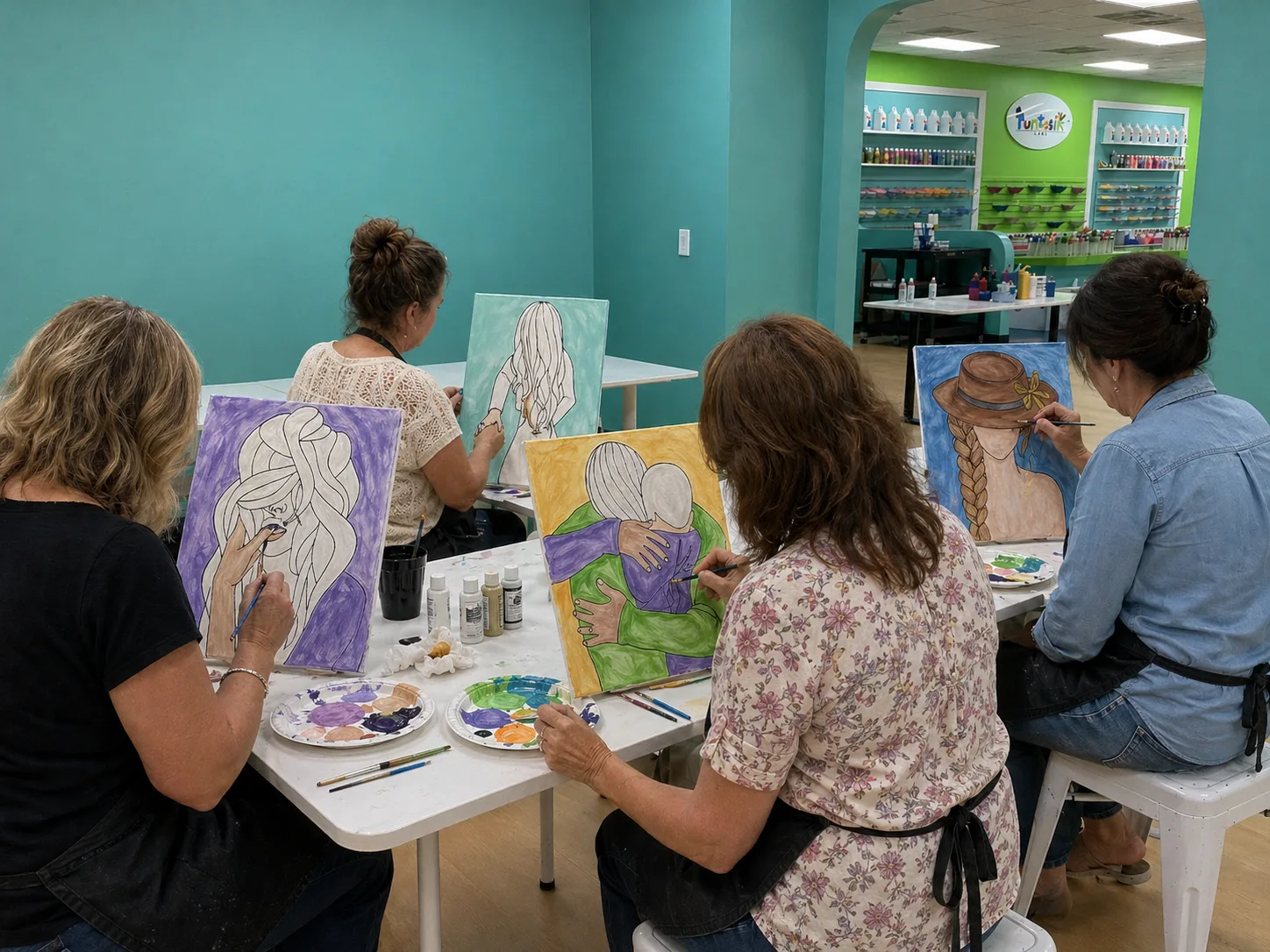 Friends painting pre-drawn canvases together