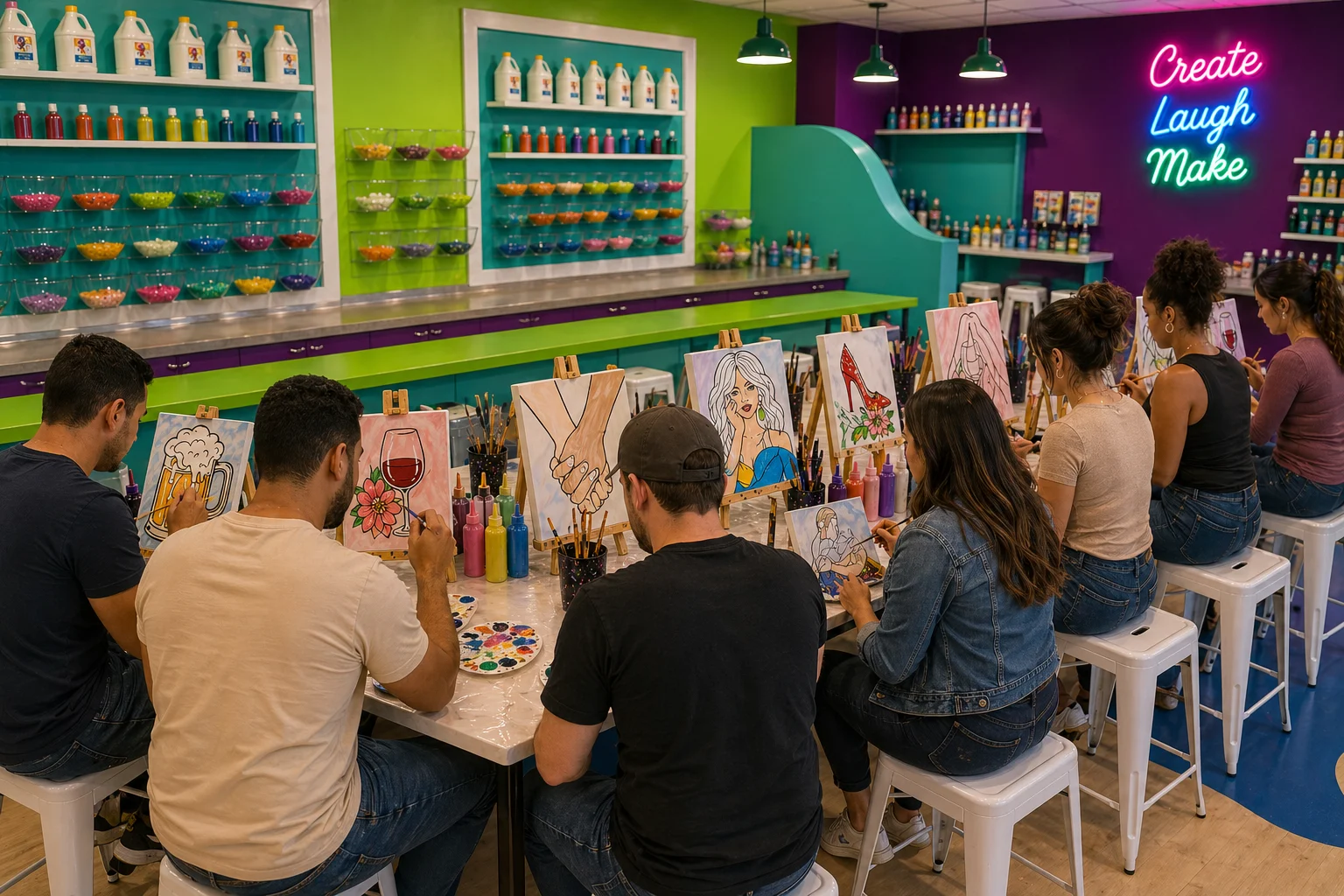 Adults painting canvases together around a studio table