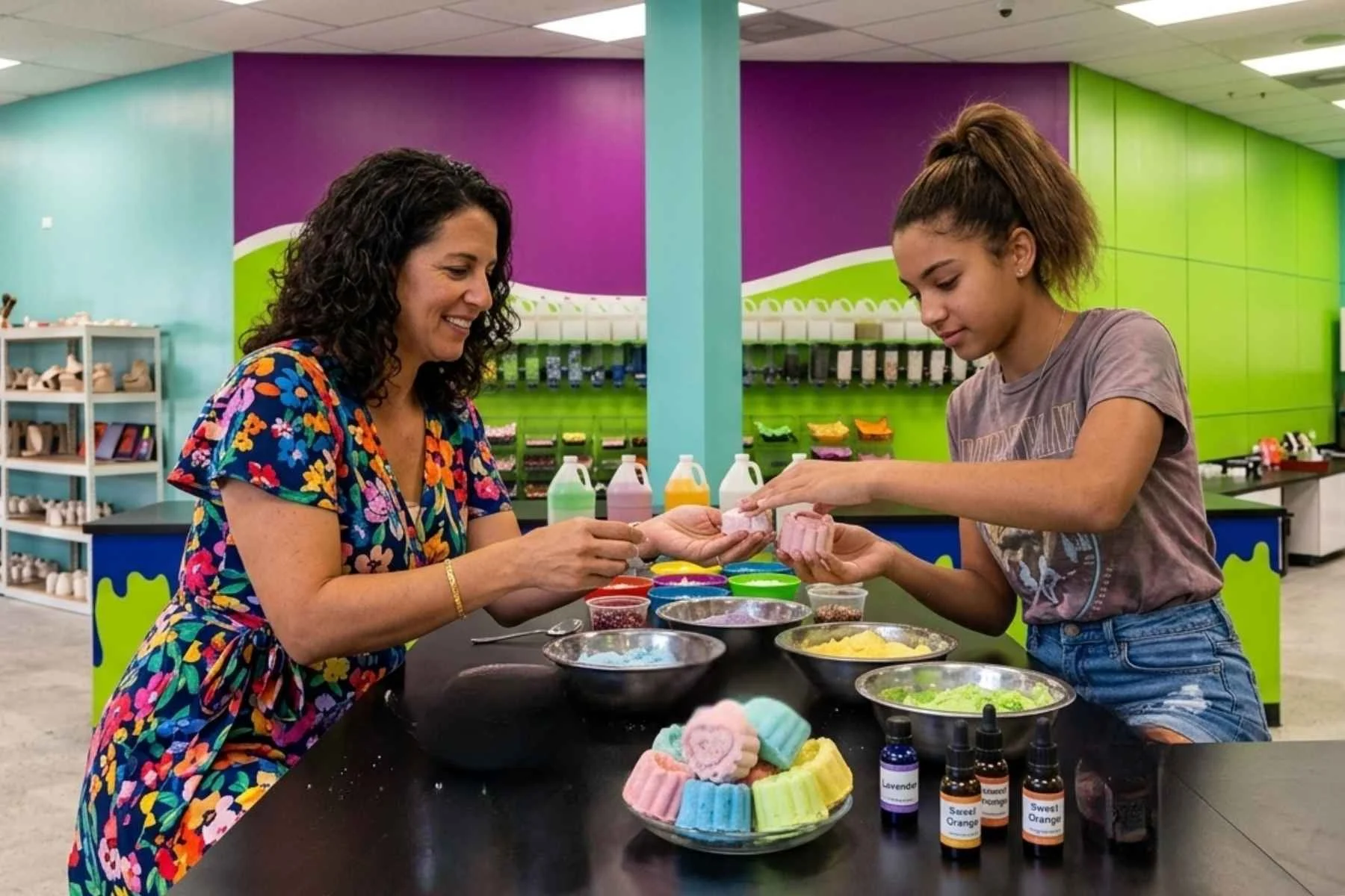 Guests making colorful bath bombs at Funtastik Labs