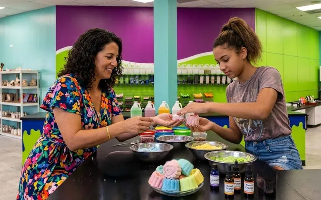 Guests making colorful bath bombs together at Funtastik Labs