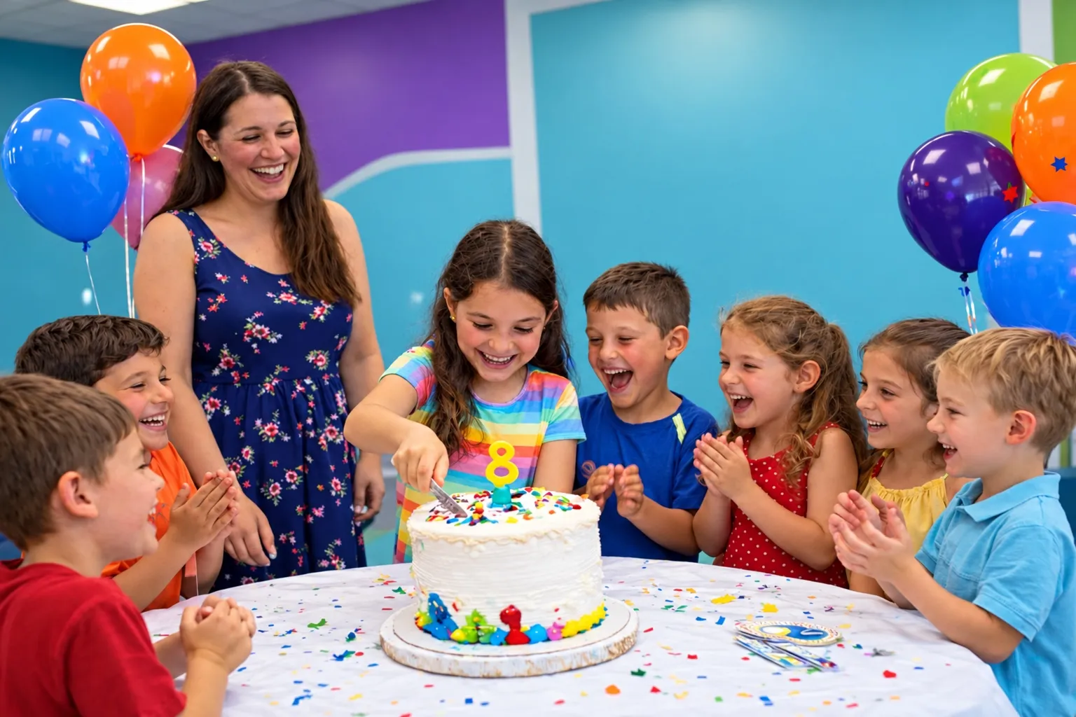 Children celebrating a birthday together with cake and colorful balloons