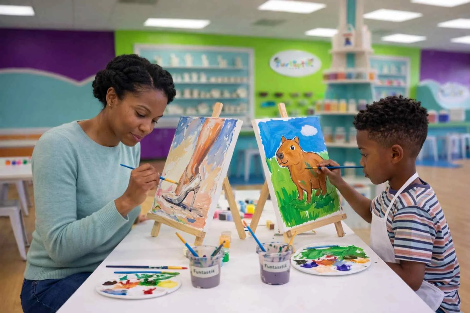 A family painting canvases together at Funtastik Labs