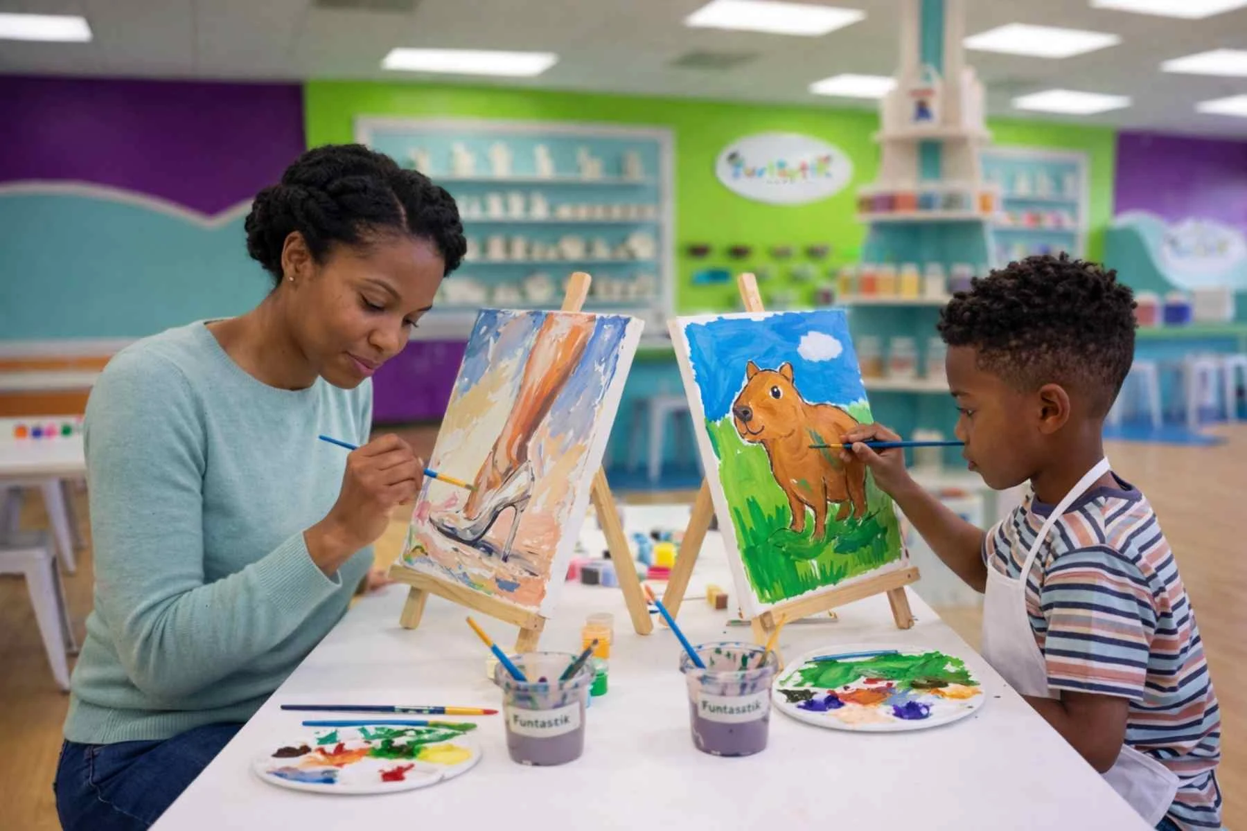 A parent and child painting colorful canvases together at Funtastik Labs