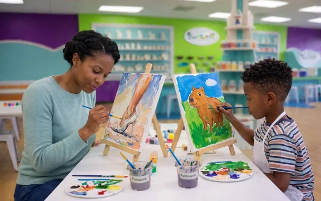 A family painting a colorful canvas together at Funtastik Labs