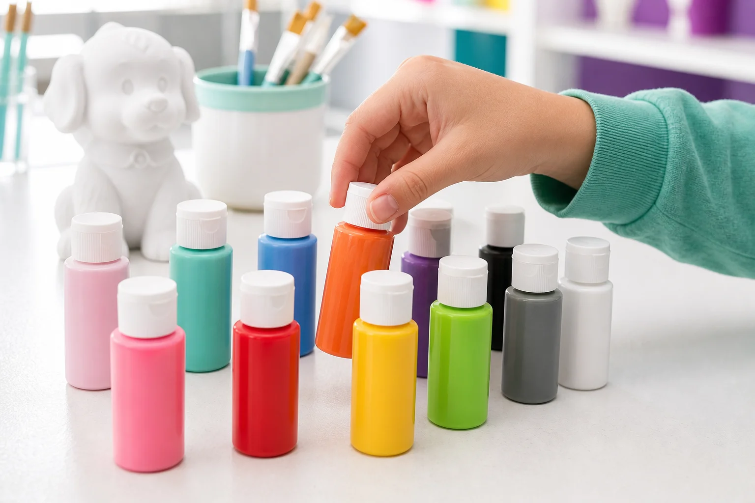 A guest choosing acrylic paint colors at Funtastik Labs