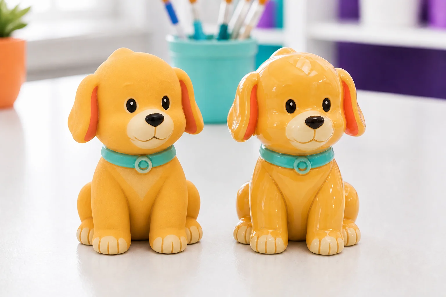 Two painted ceramic dog figurines with matte and glossy finishes