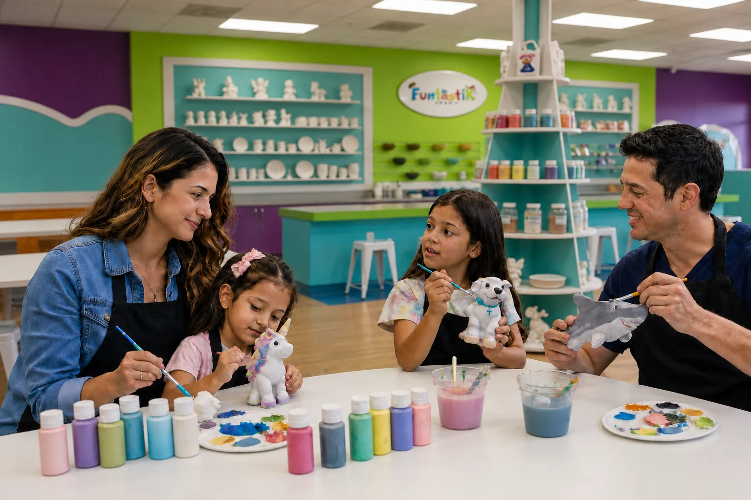 Parents and children painting colorful ceramic figurines together at Funtastik Labs