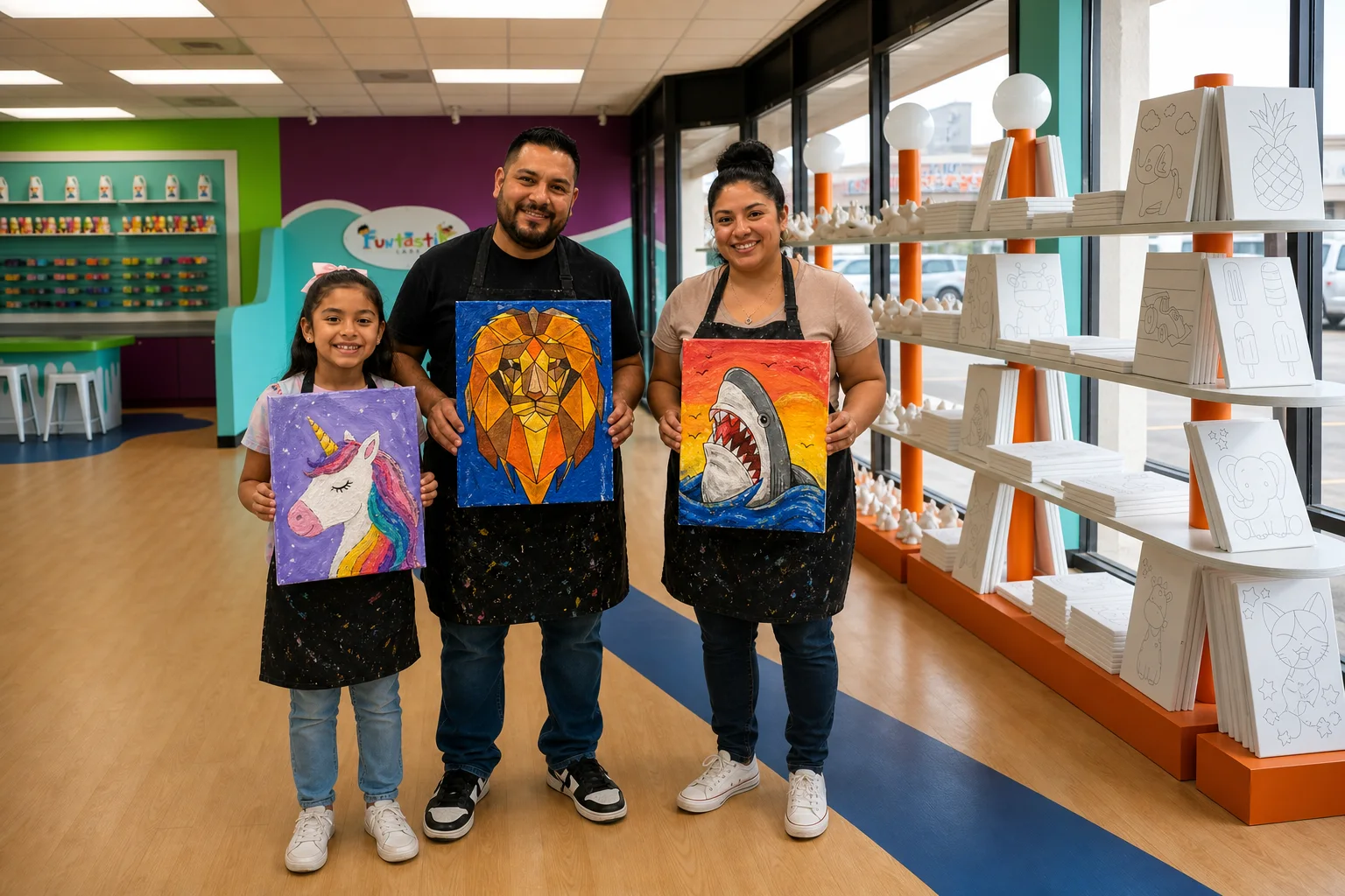 Parents and daughter standing inside Funtastik Labs and showcasing their finished canvas paintings