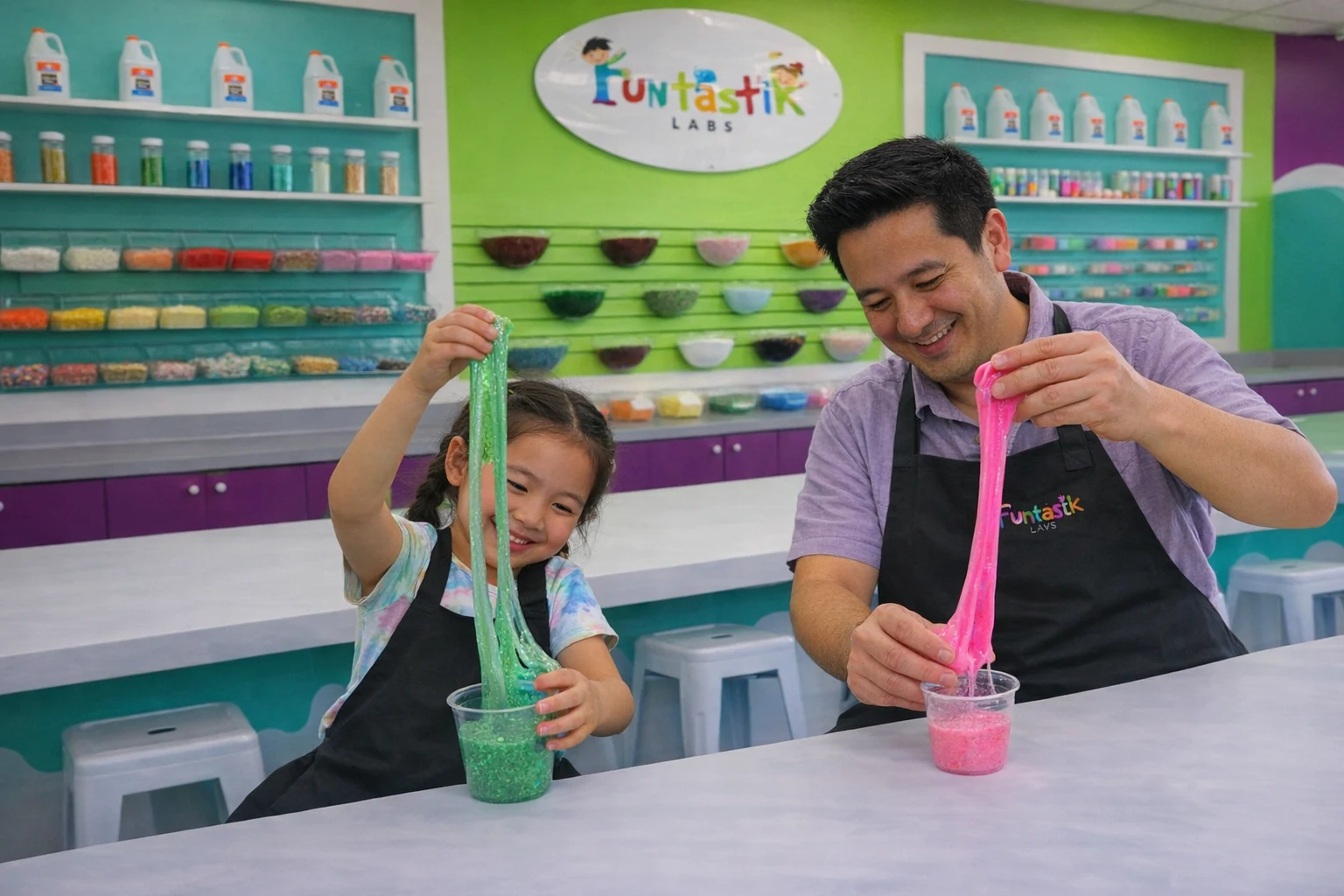 A father helping his young daughter make colorful slime at Funtastik Labs