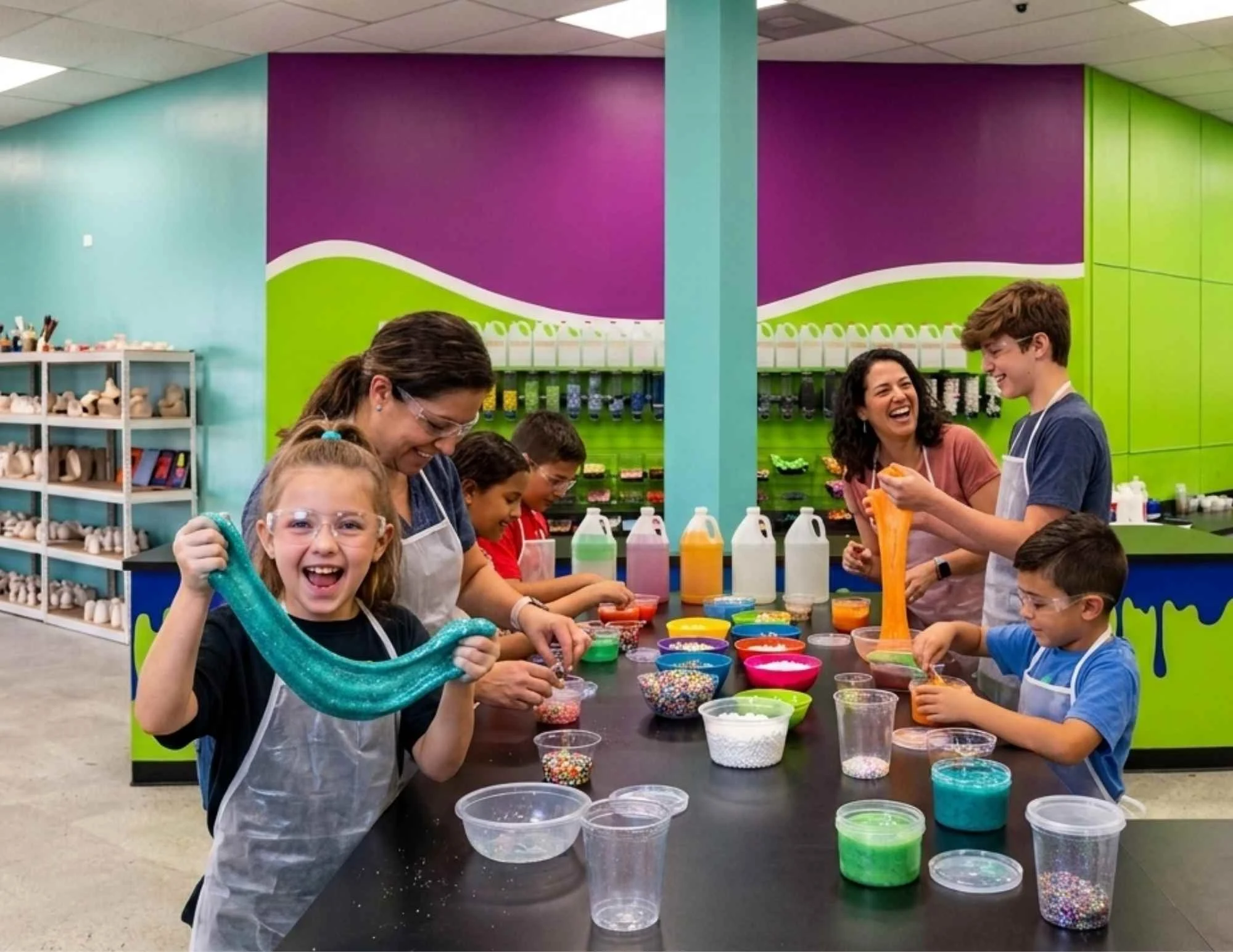 A family laughing and making colorful slime together at Funtastik Labs