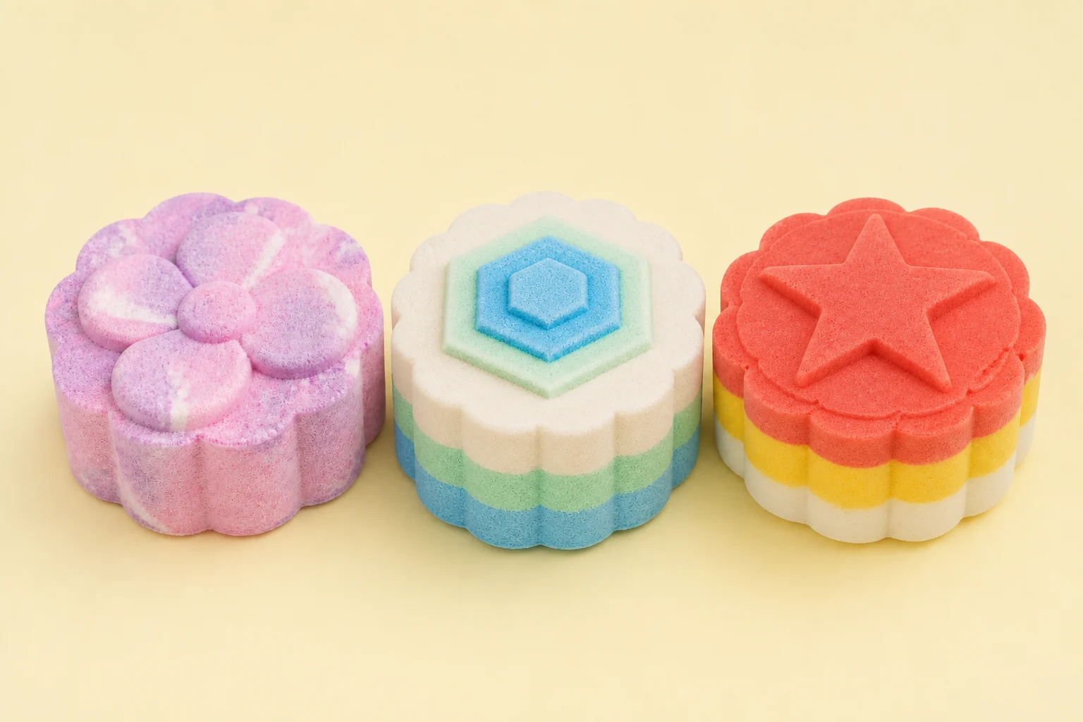 Three bath bombs: a pink flower, blue and mint hexagons, and a coral and yellow star