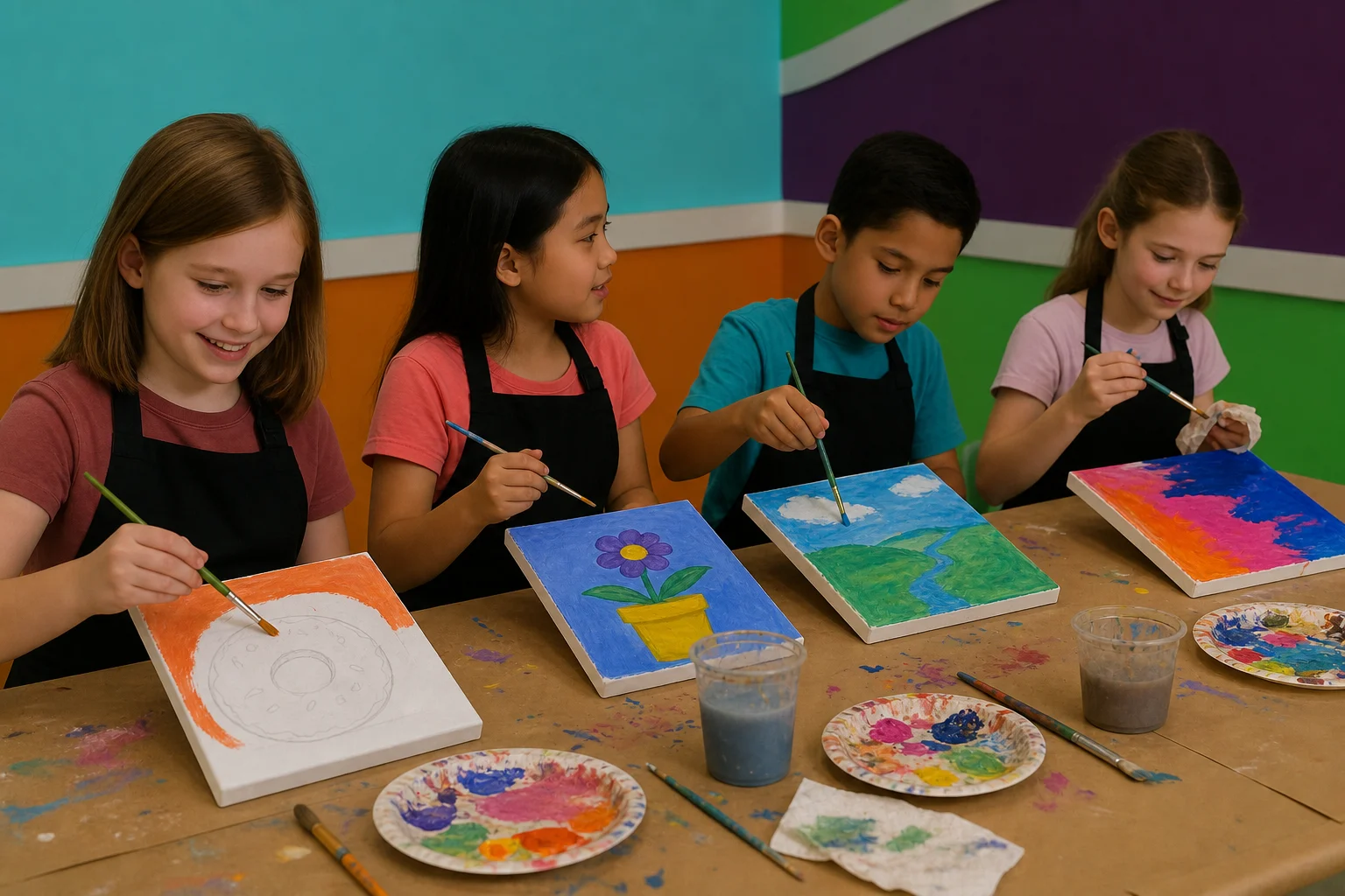 Homeschool students creating their own colorful canvas paintings