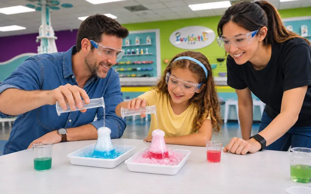 A family creating colorful bubbling experiments with safe lab equipment at Funtastik Labs