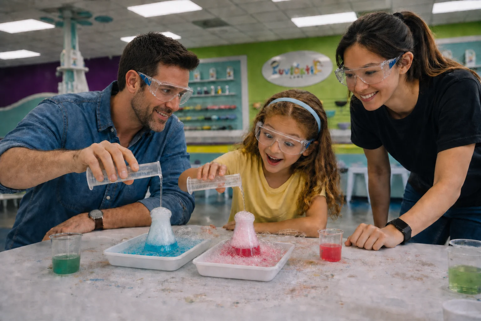 A family creating colorful bubbling experiments with safe lab equipment at Funtastik Labs
