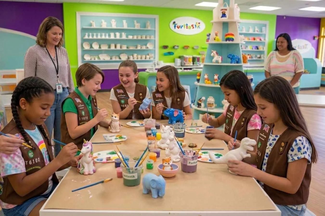 A scout troop painting ceramics together at Funtastik Labs