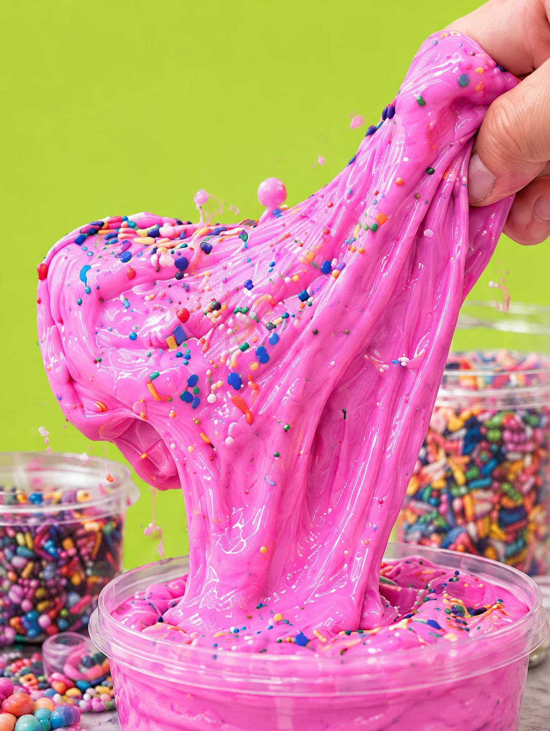 Bright pink slime with colorful sprinkles stretching from a clear tub