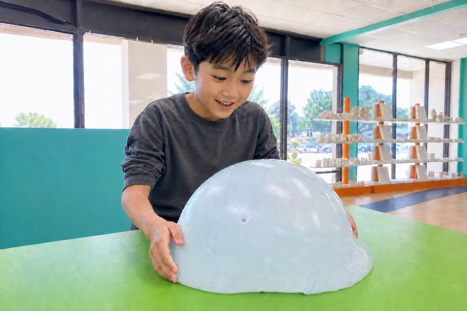 A young maker playing with a large pale-blue slime bubble on a studio table
