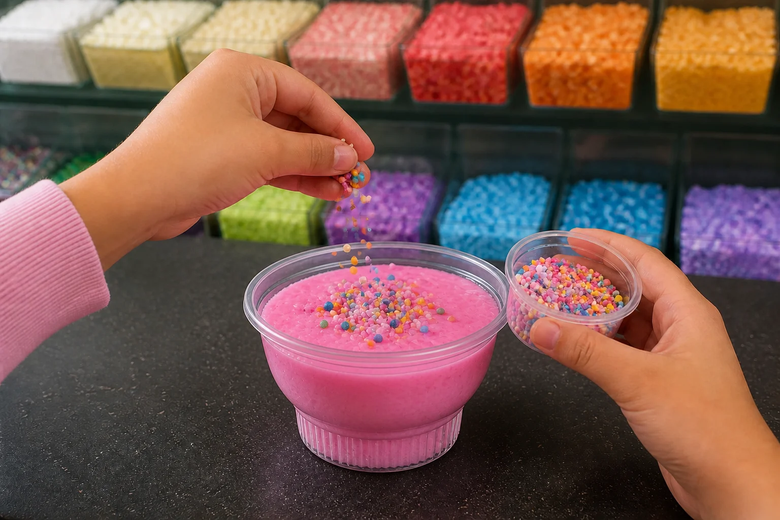 Colorful toppings being sprinkled onto pink slime
