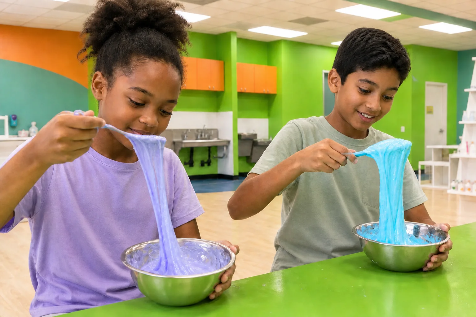 Two young makers creating lavender and blue slime in mixing bowls