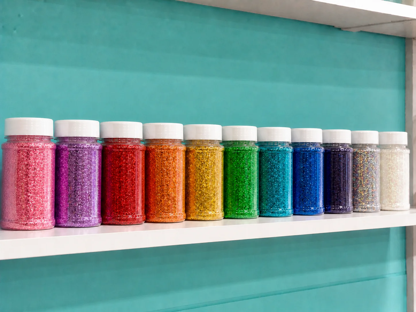 Clear bottles filled with pink, purple, red, orange, gold, green, blue, silver, and iridescent glitter