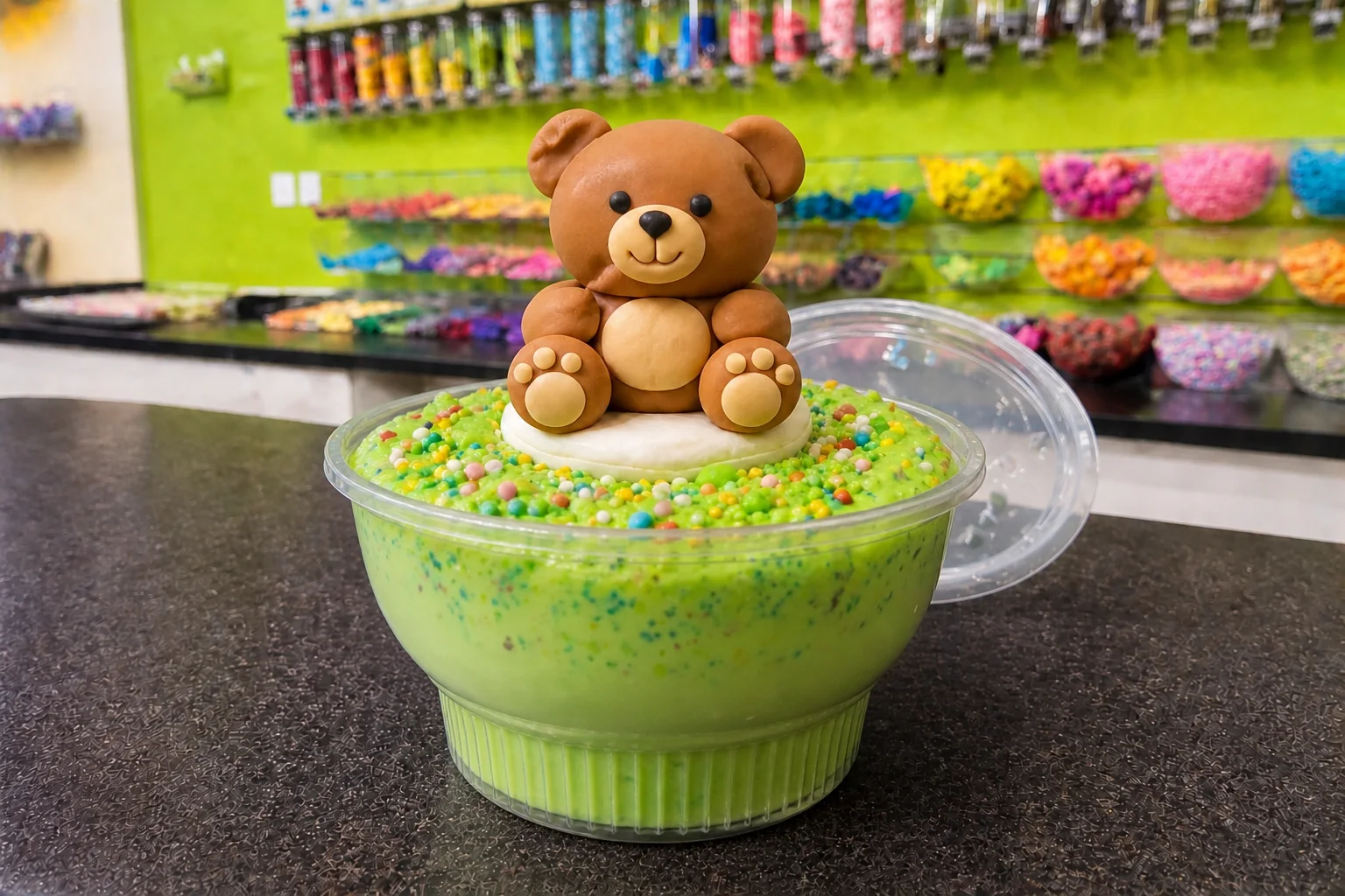 Green slime finished with colorful toppings and a large teddy-bear clay topper