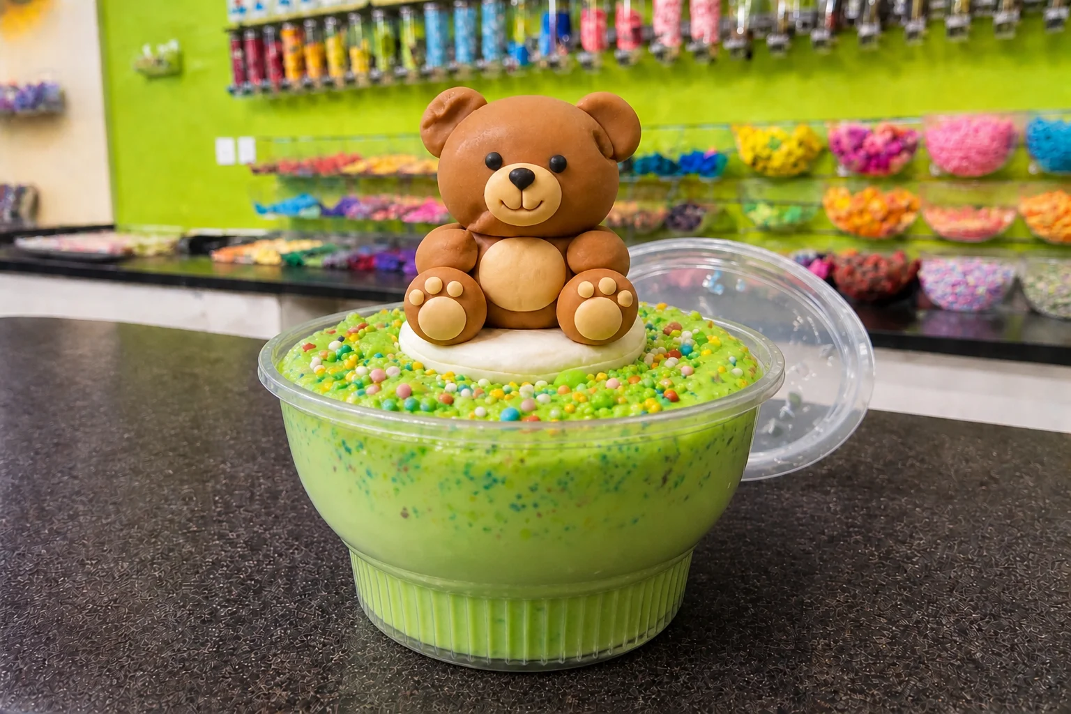 A finished green slime creation with colorful toppings and a teddy-bear clay topper