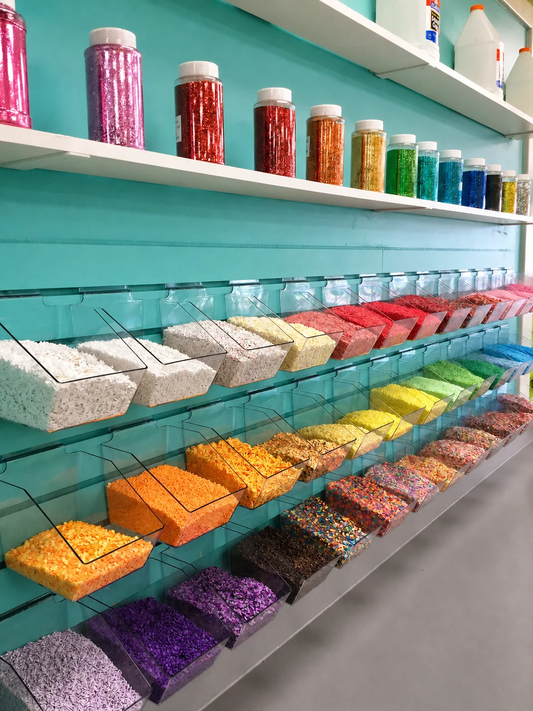 Rows of colorful slime toppings, texture add-ins, and glitter choices at Funtastik Labs