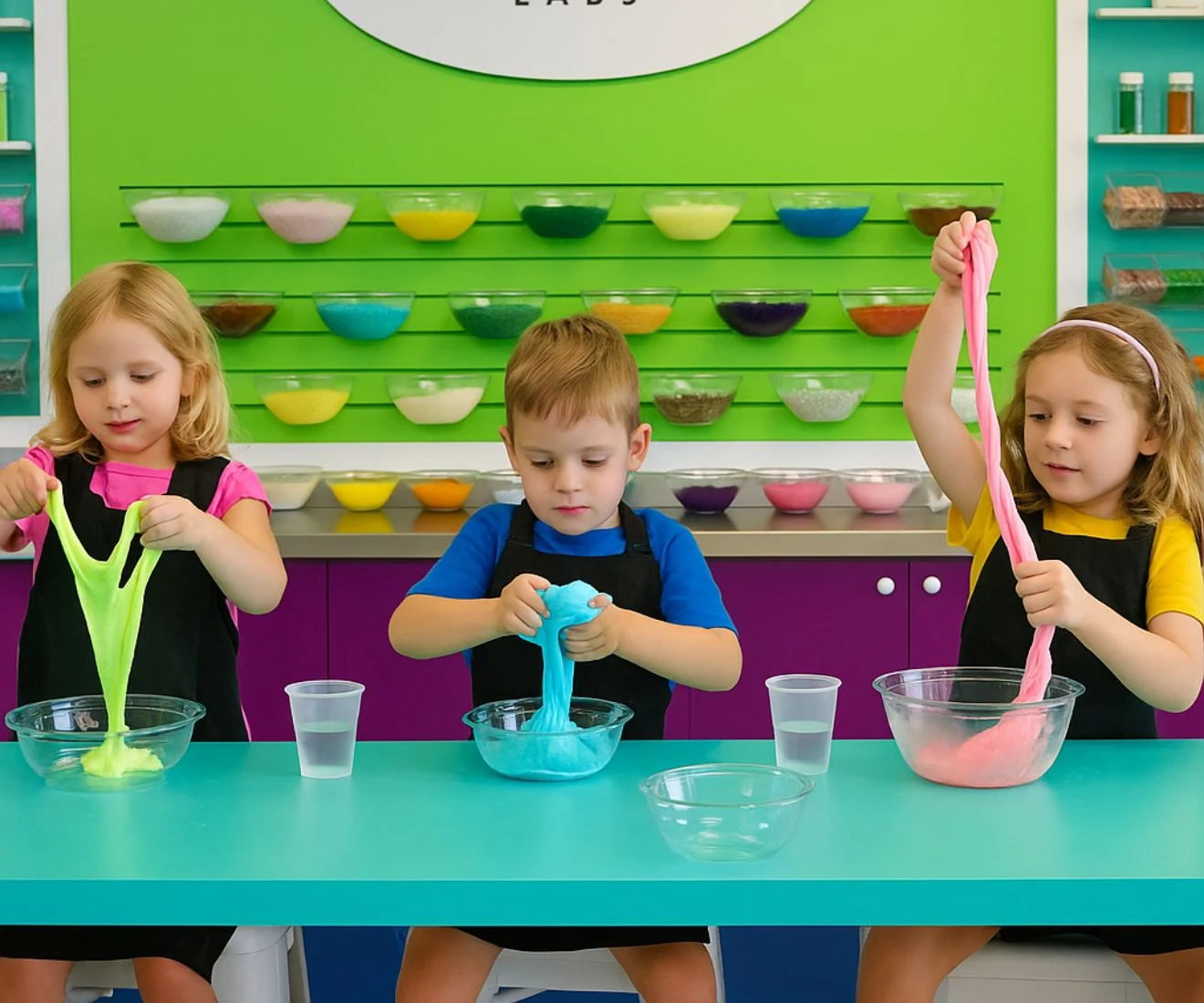 Young children making colorful slime together at Funtastik Labs